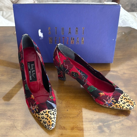 Nicole Miller by Stuart Weitzman Vintage Silk Red Plaid Patterned Heels - Picture 1 of 13